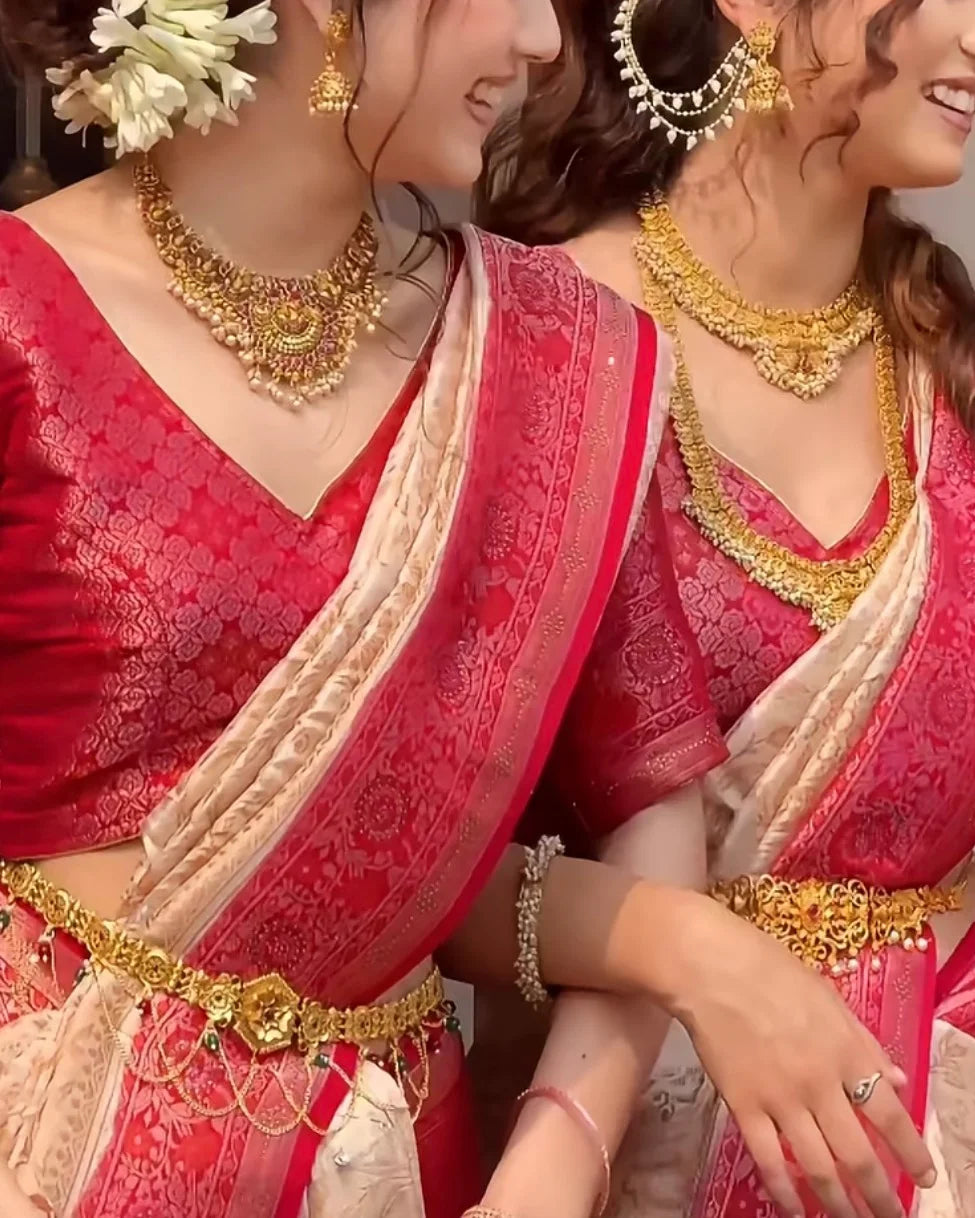 Two women wearing traditional Indian attire in red and beige sarees with ornate gold jewelry, seated indoors.