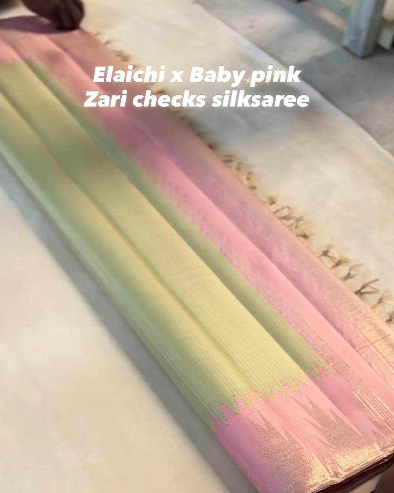 Elaichi Mist with Baby Pink Zari Checks Tissue Silk Saree