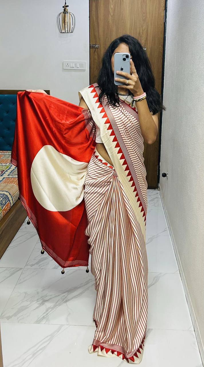 Classic Black & Ivory Striped Saree with Geometric Border