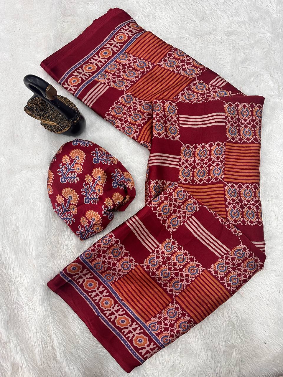 Authentic Saree Crafted in Semi Gaji Silk with Ajrakh Bandhej Art