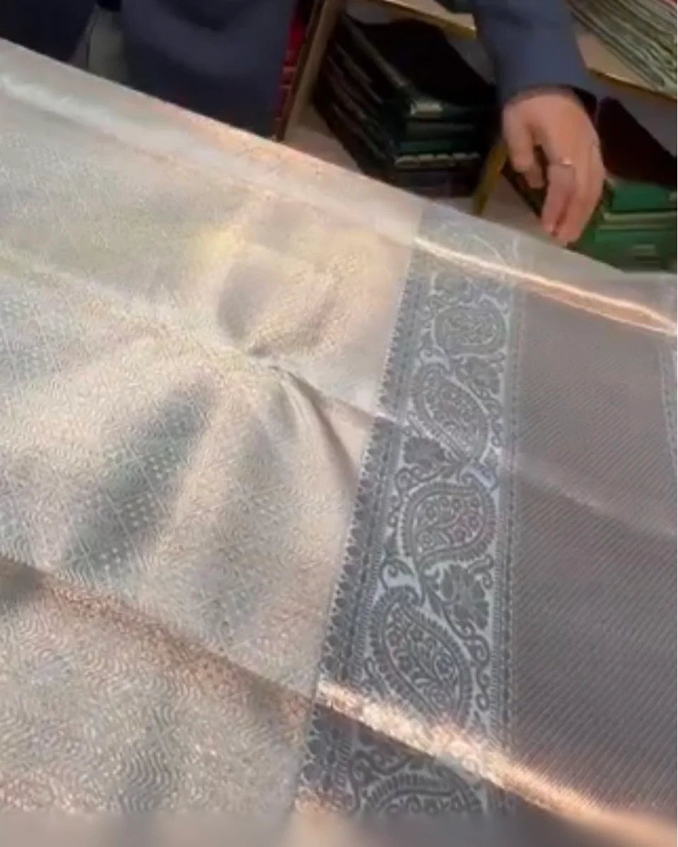 A close-up of a metallic silver fabric, likely a saree, showing its woven texture, sheen, and a detailed paisley border.
