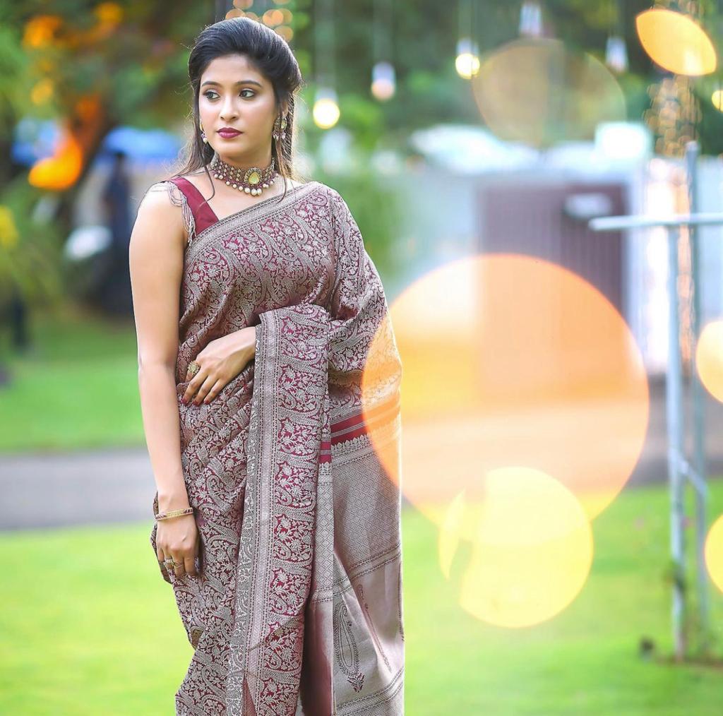 Elegant Maroon Silk Saree with All-Over Woven Motifs