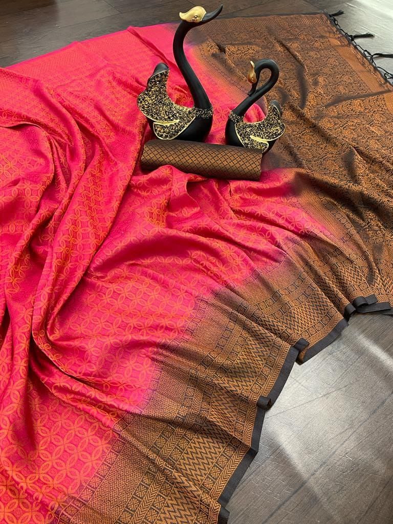 Elegant Pink & Black Soft Silk Saree with Rich Woven Pallu