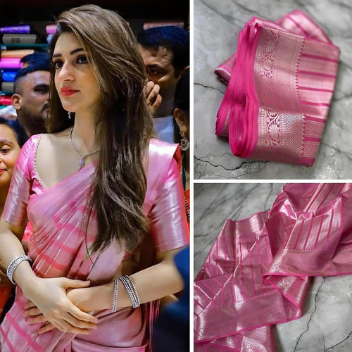 Celebrity Inspired Banarasi Silver Tissue Zari Silk Saree