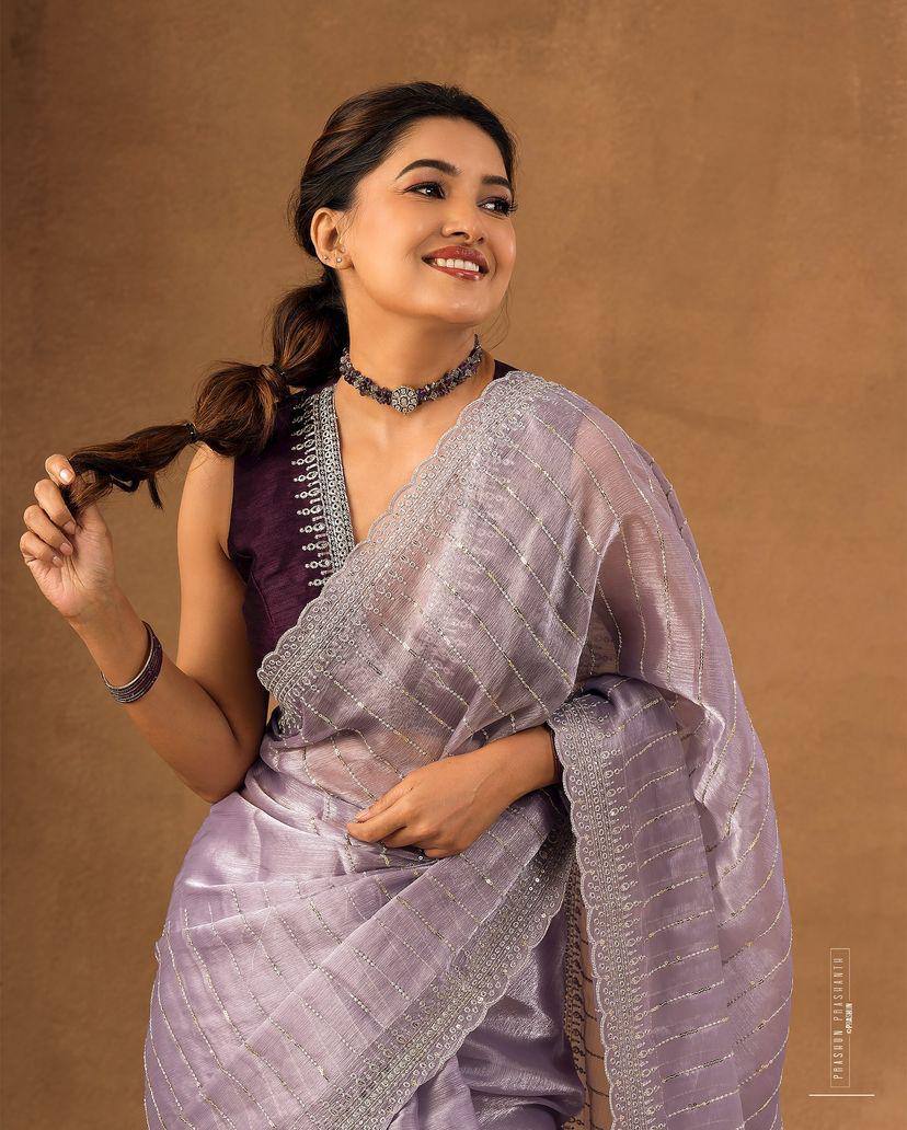 Soft Burberry Fabric Designer Saree with Sequins & Zari Work